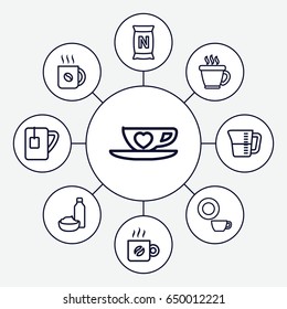 Coffee icons set. set of 9 coffee outline icons such as coffee, dish, drink and food, bag with ground, cup with heart, tea cup