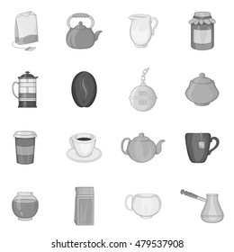 Coffee icons set in black monochrome style. Tea set collection vector illustration