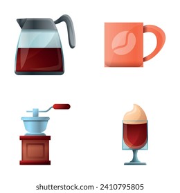 Coffee icons set cartoon vector. Manual coffee grinder and kettle. Cafe