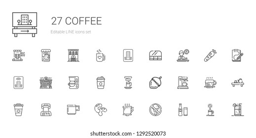 coffee icons set. Collection of coffee with beverage, no food, coffee cup, beans, mug, waffle iron, maker, nut, pub, hotel, breakfast. Editable and scalable icons.