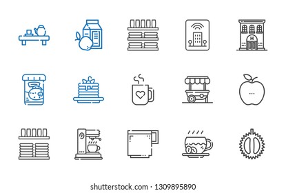 coffee icons set. Collection of coffee with chestnut, coffee cup, maker, crockery, healthy food, food stand, mug, pancakes, fish food. Editable and scalable icons.