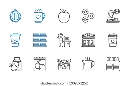 coffee icons set. Collection of coffee with crockery, coffee cup, breakfast, meal, restaurant, food and restaurant, dishes, donuts, healthy food. Editable and scalable icons.