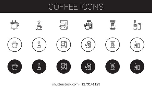 coffee icons set. Collection of coffee with coffee cup, coffee maker, breakfast, beverage. Editable and scalable icons.