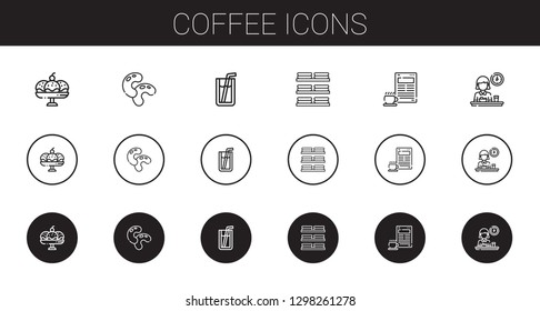 coffee icons set. Collection of coffee with cup, beans, soda, dishes, breakfast. Editable and scalable coffee icons.