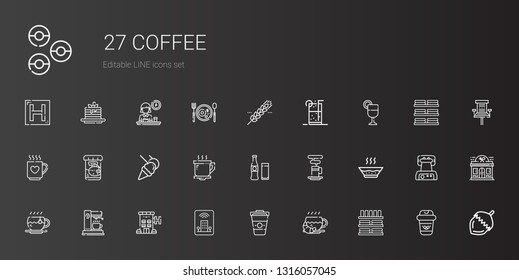 coffee icons set. Collection of coffee with dinnerware, hotel, coffee maker, tea, soup, cup, beverage, food and restaurant, fish food. Editable and scalable icons.
