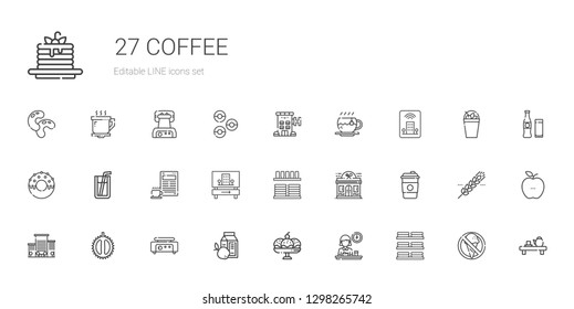 coffee icons set. Collection of coffee with dishes, breakfast, cup, crepe maker, chestnut, office, restaurant, crockery, hotel, soda, donut. Editable and scalable coffee icons.