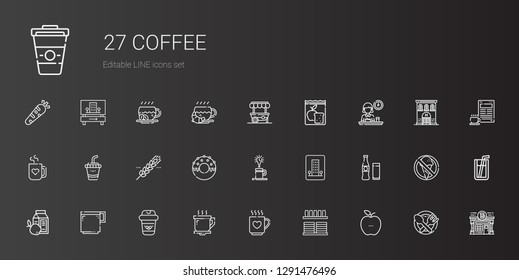 coffee icons set. Collection of coffee with healthy food, crockery, drink, coffee cup, breakfast, beverage, hotel, donut, cereal, mug, meal. Editable and scalable icons.