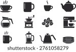 Coffee Icons Set Collection. Coffee and tea icon set collection with cups kettle beans and equipment isolated on white background.