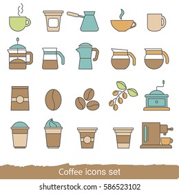 Coffee icons set. Collection coffee icons in thin line style.