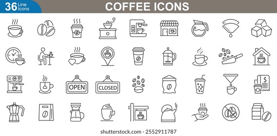 Conjunto de iconos de café. Taza, espresso, arte del latte, taza de café, cappuccino, tienda, comida para llevar, molinillo y más. Ilustración vectorial de iconos de línea delgada.