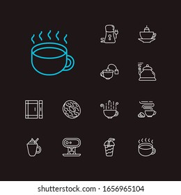 Coffee icons set. Donut and coffee icons with smoothie, coffee grinder and cookie. Set of fresh for web app logo UI design.