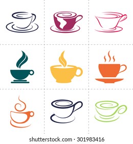 Coffee icons set, also as emblem, such a logo. I love coffee.  Coffee set. Hot coffee. Tea set.  I love tea. Hot tea. Cappuccino set. I love cappuccino. 