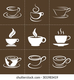 Coffee icons set, also as emblem, such a logo. I love coffee.  Coffee set. Hot coffee. Tea set.  I love tea. Hot tea. Cappuccino set. I love cappuccino. 