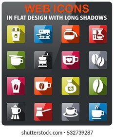 coffee icons set in flat design with long shadow