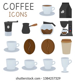 Coffee icons set in flat style, coffee grinder, cups, etc. vector illustration
