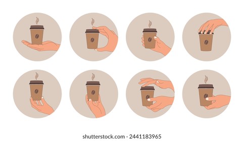 Coffee icons set, hand gestures with a glass of coffee. Design elements, icons, templates, vector