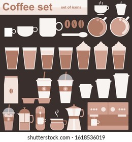 Coffee icons, set of coffee illustrations including cup size, moka, cappuccino, espresso and cream. Tools for coffee