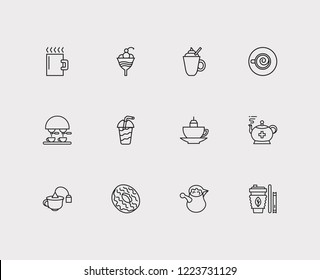 Coffee icons set. Coffee machine and coffee icons with donut, takeaway tea and cappuccino. Set of fresh for web app logo UI design.