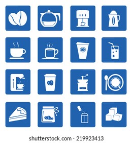 Coffee icons set on blue. Vector illustration