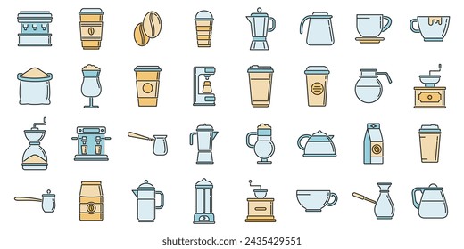 Los iconos de café establecen el vector de contorno. Café taza. Línea de color de café para llevar de restaurante aislado