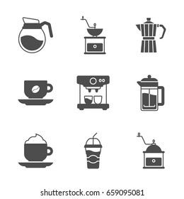 Coffee icons set. Coffee shop equipment and beverages.