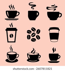 Coffee Icons Set with Steam and Beans. A collection of minimalistic black coffee-related icons featuring cups, steam, and coffee beans on a soft beige background.