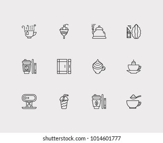 Coffee icons set. Takeaway tea and coffee icons with cacao, coffee with cream and sugar sachet. Set of elements including fresh for web app logo UI design.