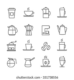 Coffee icons set - thin line design. Coffee cups, pots, various coffee drinks.