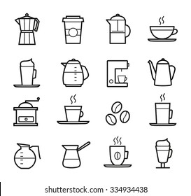 Coffee icons set - thin line design. Coffee cups, pots, coffee machines.