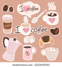 Coffee and coffee icons set. Vector illustration in cartoon style. Sticker pack.