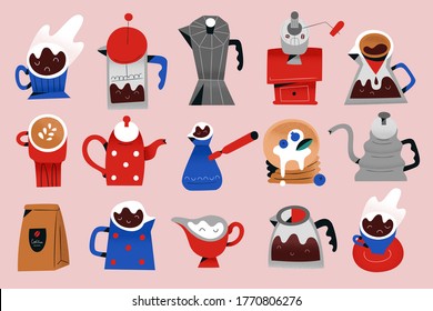 Coffee Icons Set, Vector Illustrations Of Utensils And Tools For Brewing And Serving Coffee At Coffee Shop Or Cafe, Moka Pot, Cappuccino Cup, Mugs And Grinder, Isolated Clipart Collection