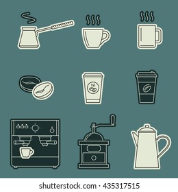 Coffee icons set. Vector line icons coffee machine, cups, coffee beans and coffee pots.
