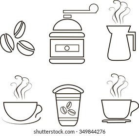 Coffee icons, thin black lines on white. Coffee grinder, coffee maker, steaming cups, coffee beans, plastic cups. Design element, vector