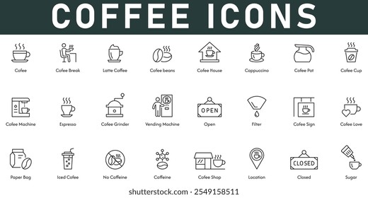 Coffee Icons vector illustration with thin line editable stroke contains coffee break bean house pot cup machine grinder sign love shop filter paper bag iced coffee caffeine open closed