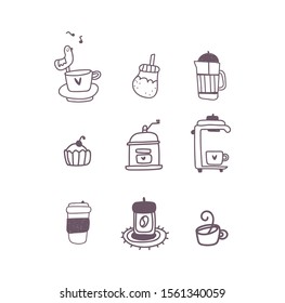 Coffee icons in vector on isolated background. Cup, coffee maker, sugar bowl, bird, sugar bowl, termochashka. Hand drawing. Coffee icons on white background. Vector. Menu, printing, coffee site.
