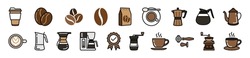 Coffee Icons Vector Set. Coffee Icon Collection With Colors Style. Coffee Bean, Drinks, Cup, Coffeepot, Package, Grinder, Filter, Machine, Certified, Portafilter, And Other. Symbol Illustration