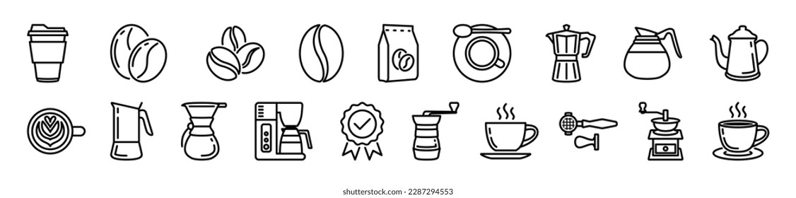 Juego de vectores de iconos de café. Colección de iconos de café con trazo editable. Frijol de café, bebidas, taza, cafetera, paquete, molino, filtro, máquina, certificado, portafiltro y otros. Ilustración de símbolo