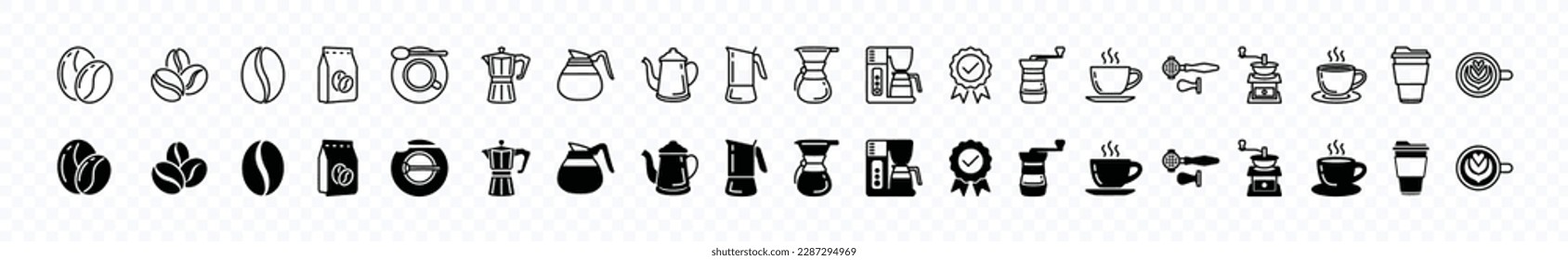 Juego de vectores de iconos de café. Colección de iconos de café con línea y estilo plano. Frijol de café, bebidas, taza, cafetera, paquete, molino, filtro, máquina, certificado, portafiltro y otros. Ilustración de símbolo