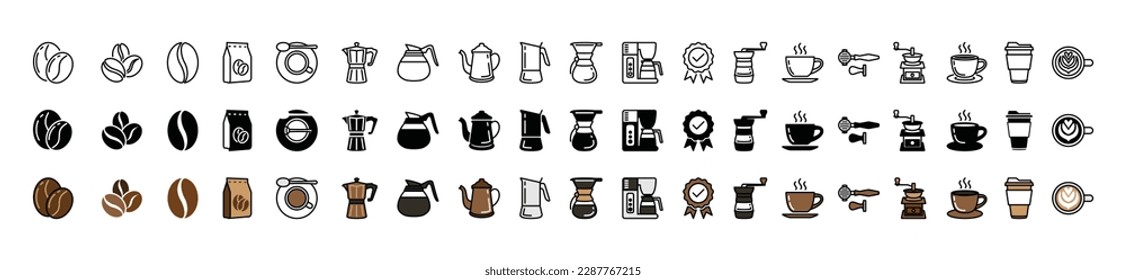 Coffee icons vector set. Coffee icon collection with editable stroke. Coffee bean, drinks, cup, coffeepot, package, grinder, filter, machine, certified, portafilter, and other. Symbol illustration