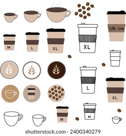 Coffee icons vector set. Coffee icon collection with colors style. Coffee bean, drinks, cup, coffeepot, package, grinder, filter, machine, certified, portafilter, and other. Symbol illustration