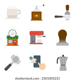 coffee icons vector set, icon collection with colors style, cup, coffee pot, grinder, filter, coffee machine, cafe and online order