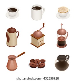 Coffee Icons with White Background. Graphic concept for web sites, web banner, mobile apps, infographics. Flat 3d vector isometric illustration.