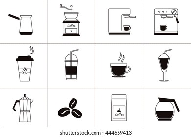 Coffee icons with White Background. Coffee icons set brown color.