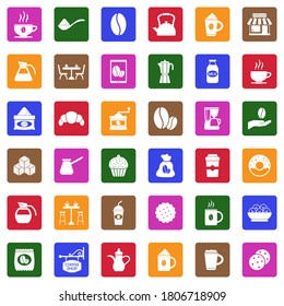 Coffee Icons. White Flat Design In Square. Vector Illustration.