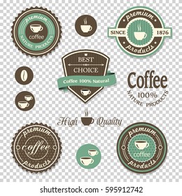 Coffee icons,labels, posters, signs, banners set on transparent background. Vector design elements