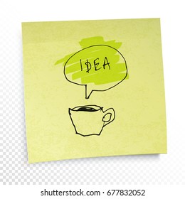 Coffee and "Idea" word in speech baloon. Illustration on yellow sticky paper note. Creative concept. On transparent background.