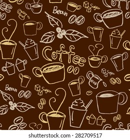 Coffee illustration background. Seamless pattern. Vector.