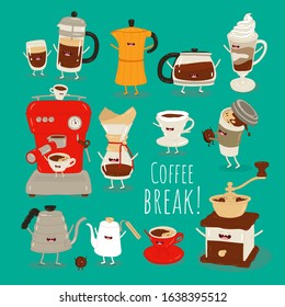 Coffee illustration, coffee brewing methods set. Collection of vector coffee machine, pots and kettles. Use for card, poster, banner, web design and print.