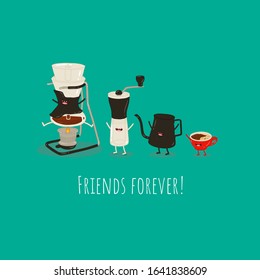 coffee illustration brewing methods with syphon, coffee mill, kettle and red cup of coffee are friends forever. Vector illustration and funny food. Use for the menu, in the shop, in the bar. 