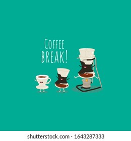 coffee illustration brewing methods with syphon, white cup of coffee filter are friends forever. Vector illustration and funny food. Use for the menu, in the shop, in the bar. 